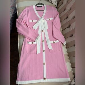 Pink and White Cardigan Dress with Bow Detail